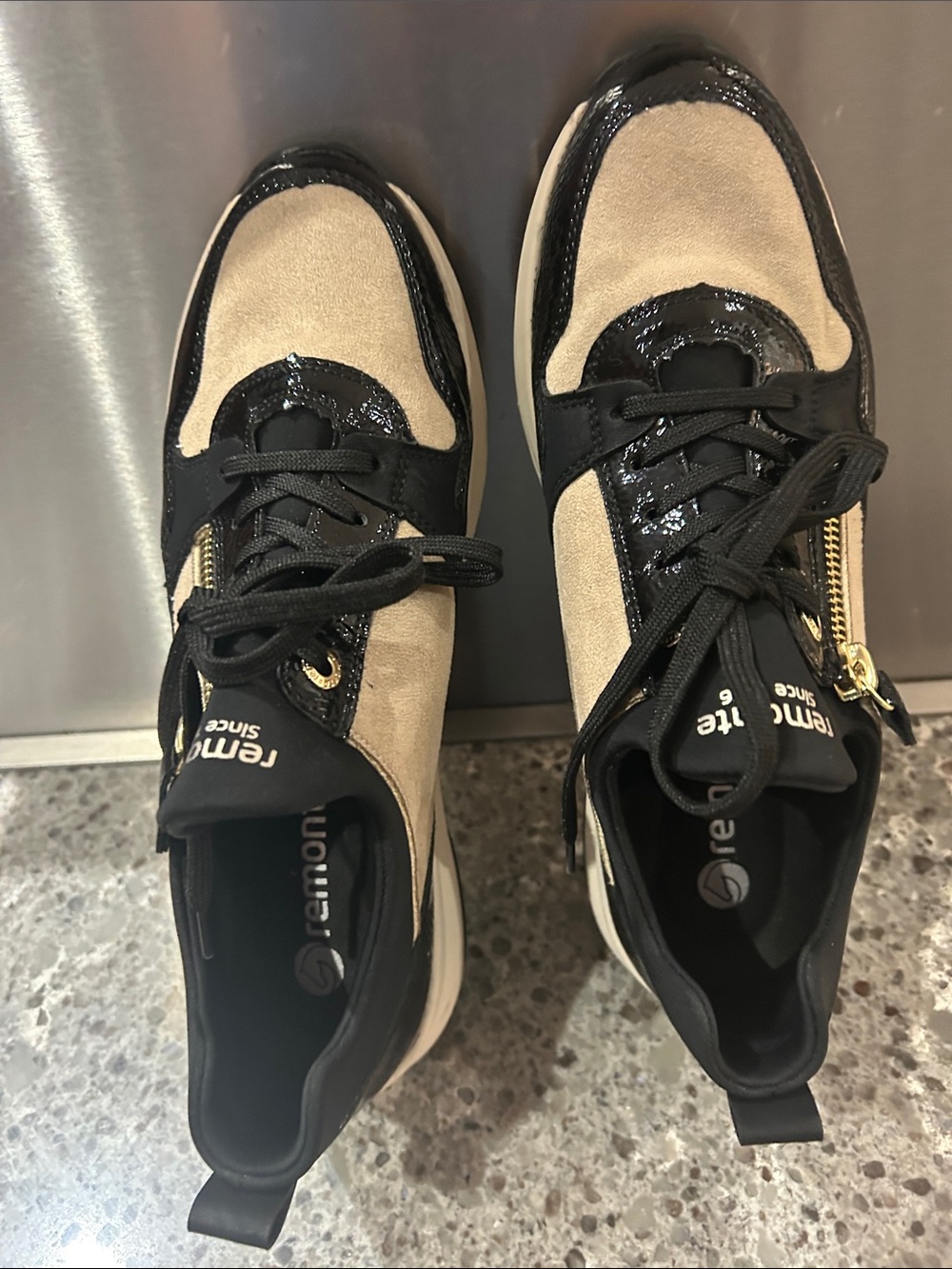 Remonte Beige and Black Patent Lace-Up Sneakers with Decorative Side Zip